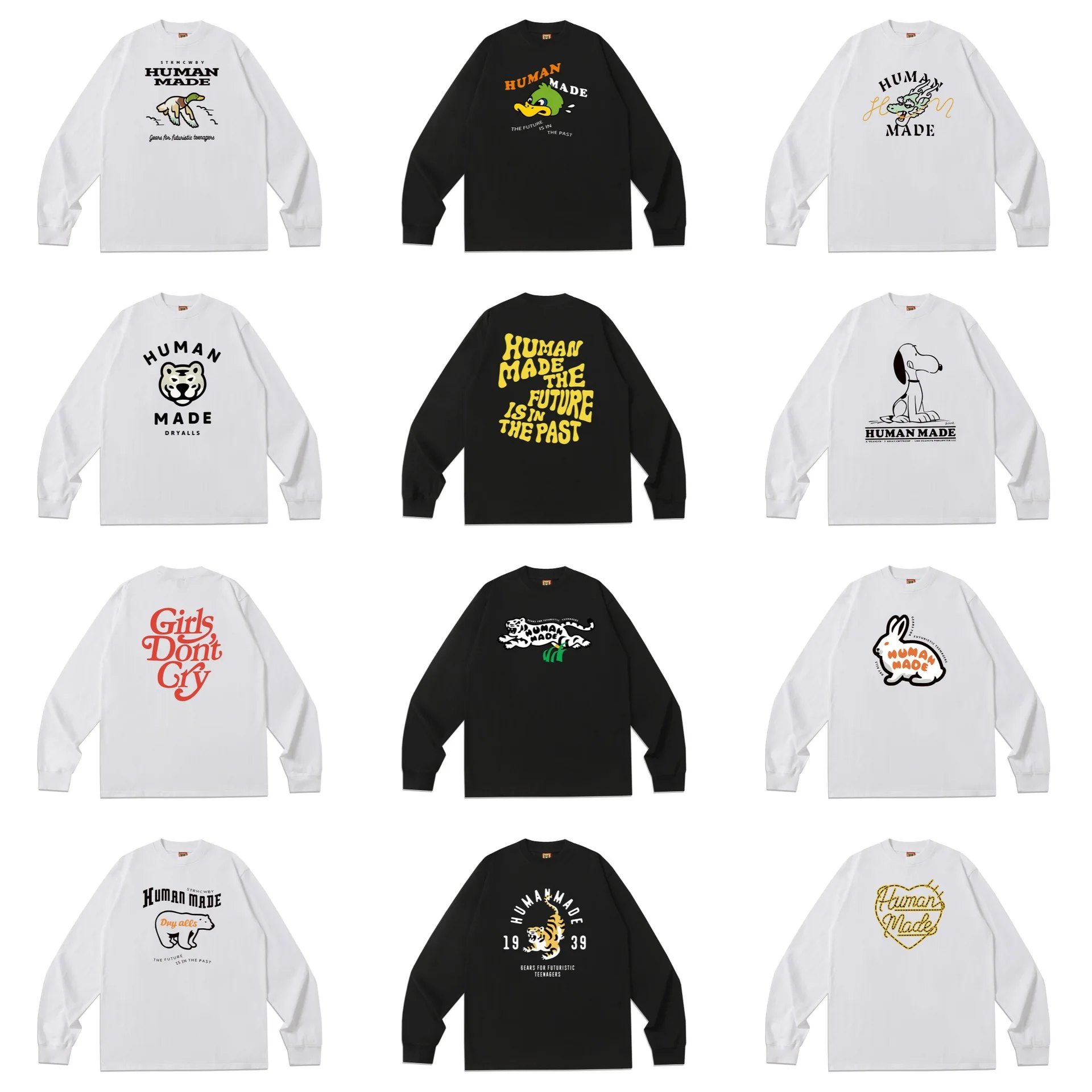 

Модная футболка с длинным рукавом в японском стиле, 300 г, осенне-зимняя, с принтом, для пар, свободного кроя, с круглым вырезом, универсальный топ