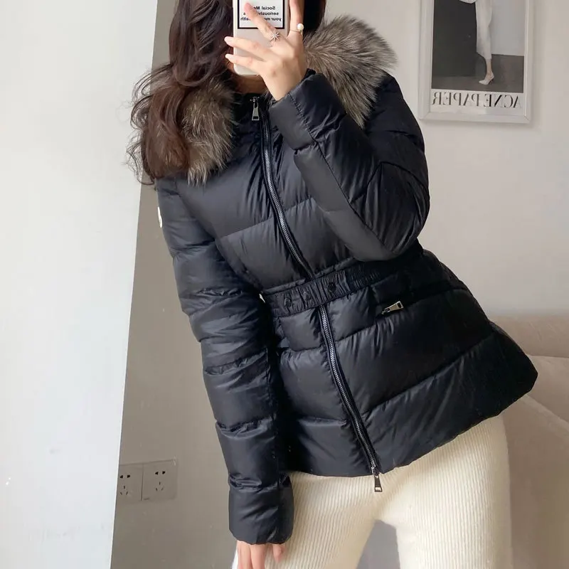 mJiamongjia down Jacket Fur Collar Fox Fur Hooded down Jacket White Duck down Waist Slimming down jaet