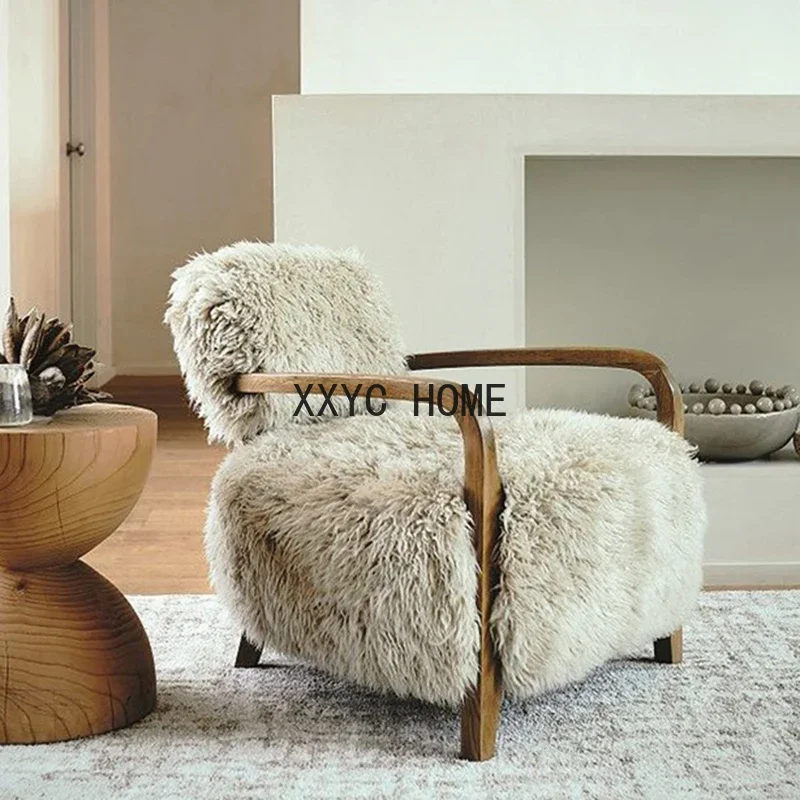 Nordic Solid Wood Imitation Wool Leisure Living Room Chair Modern Simple Designer Lazy Single Sofa Chair Sillas Custom Furniture