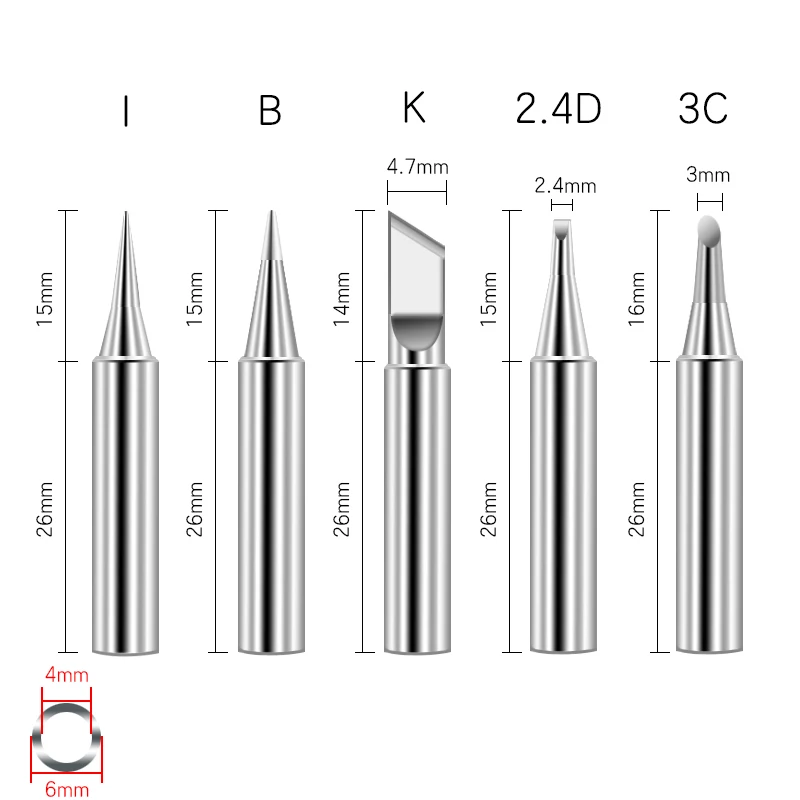 5 pezzi saldatore rame puro 900M Set di testine per saldatore all'interno punta per saldatore elettrico in rame nudo caldo I B K 2.4D 3C