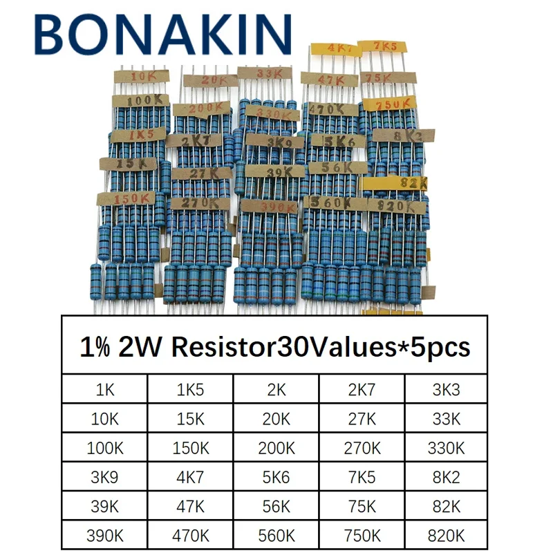 

Всего 150 шт., 1%, 2 Вт, металлическая пленка, флейта, 30 значений * 5 шт. = 150 шт. (1 кОм ~ 820 ком)