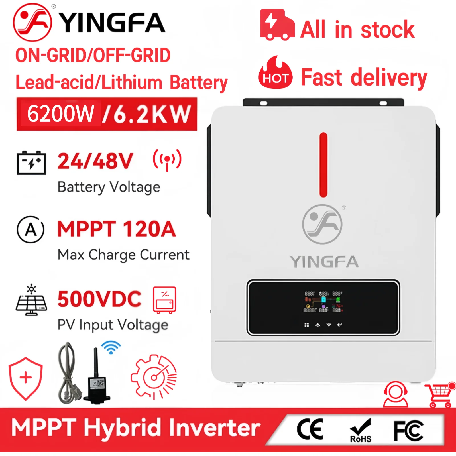 YINGFA 6.2kW 48V Hybrid Solar Inverter, Dual Output 220V~240V, On/Off Grid, Pure Sine Wave, 120A MPPT Charger, Home Use, WIFI