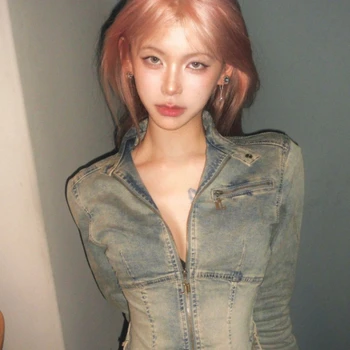 Deeptown 여성용 빈티지 숏 데님 재킷, 하라주쿠 그런지 슬림 지퍼 진 재킷, 한국 워싱 크롭 코트, Y2K 스트리트웨어, 90 년대