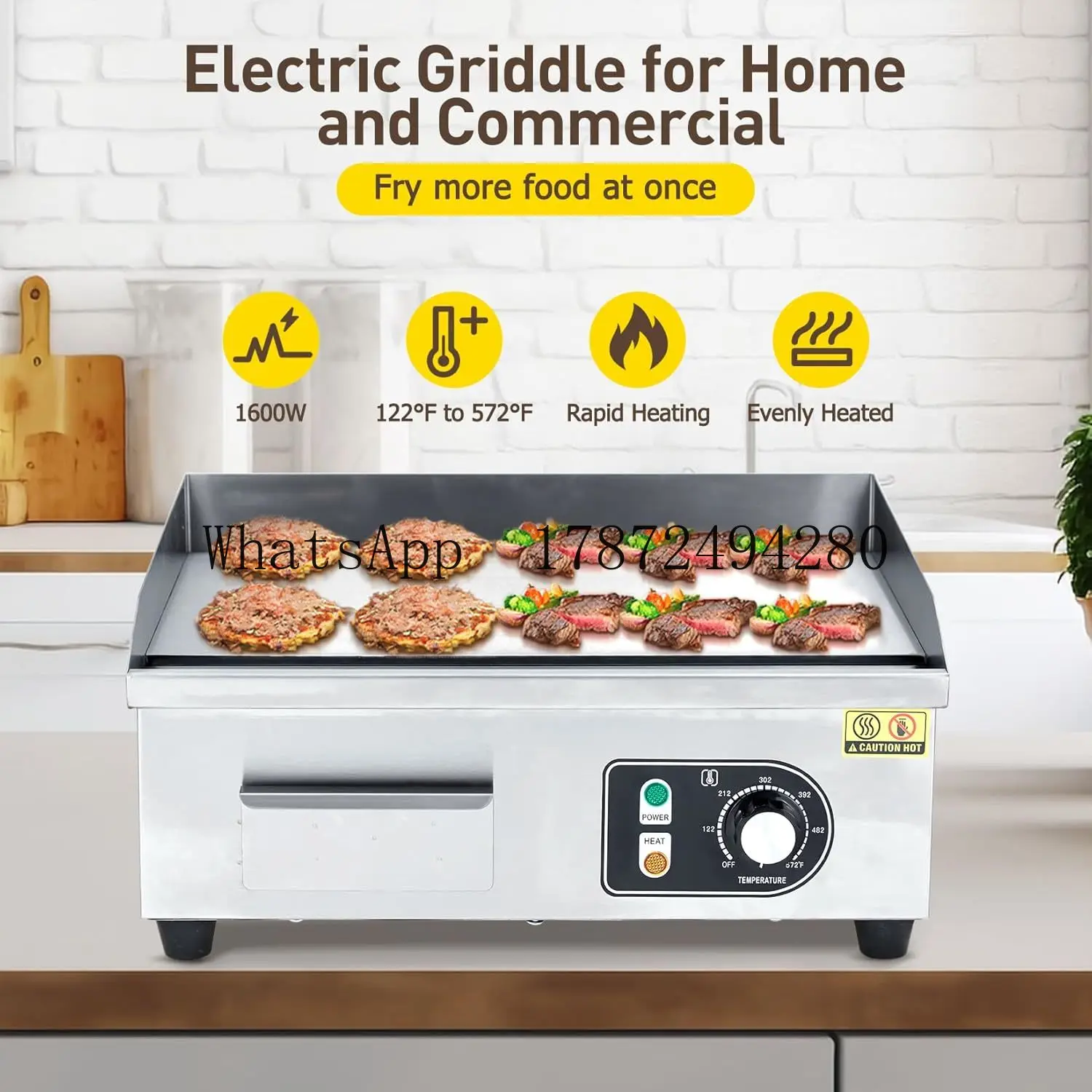 

30-дюймовая электрическая сковорода для приготовления пищи на открытом воздухе, антипригарная пластина для гриля, регулируемый контроль температуры 122 ° Ф-572 ° F High Power 3600 Вт