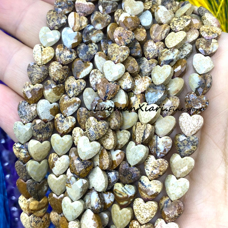 Faceted Love Heart 8MM Natural Stone Picture Jasper Loose Space Beads for Jewelry Making Diy Bracelet Charms Accessories