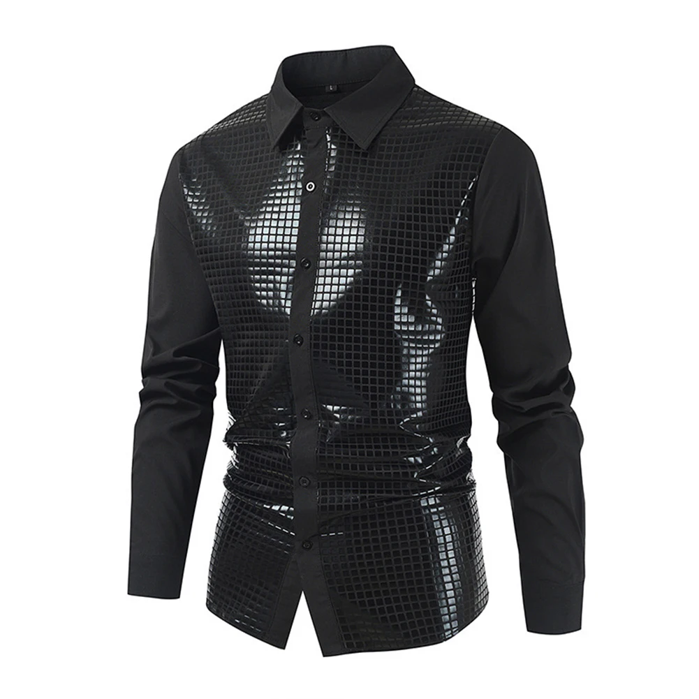 Male T-Shirt Mens Slight Stretch Button Costume Daily Glitter Holiday Lapel Long Sleeve Regular Nightclub Fashion