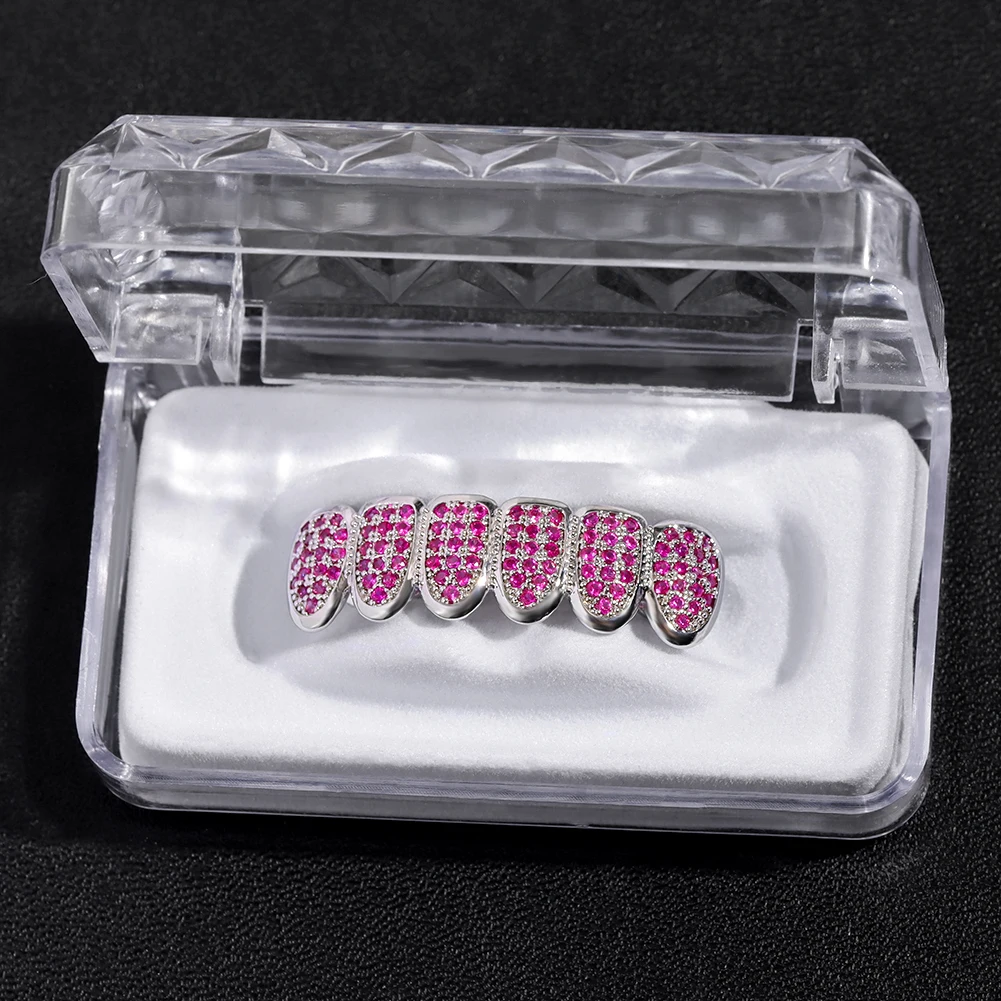 Iced Out Pink Zircon Teeth Grillz For Men Women Top Bottom Micro Pave CZ Stone Teeth Grills Set Dental Fashion Jewelry With Box