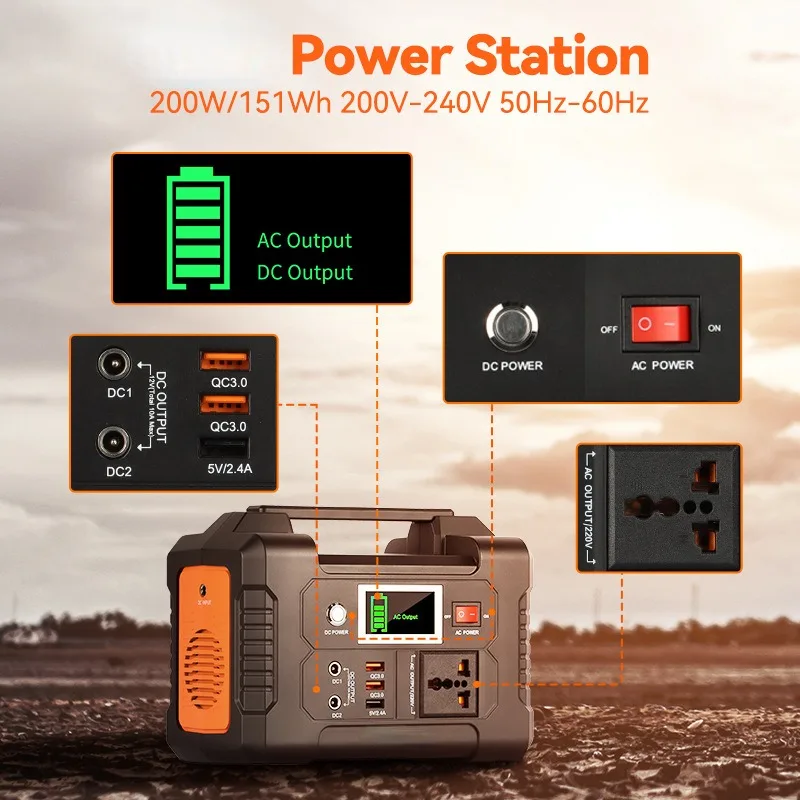 Portable Power Station 200W 40800mAh 151Wh original lithium battery Power Bank Charger Outdoor travel camping universal gauge