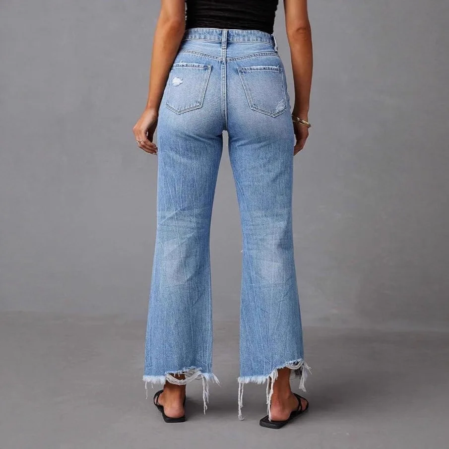 Large Size Ripped Fringed Washed Wide Leg Jeans Women's Blue Natural Waist Jeans Spring Autumn Casual High Waist Jeans