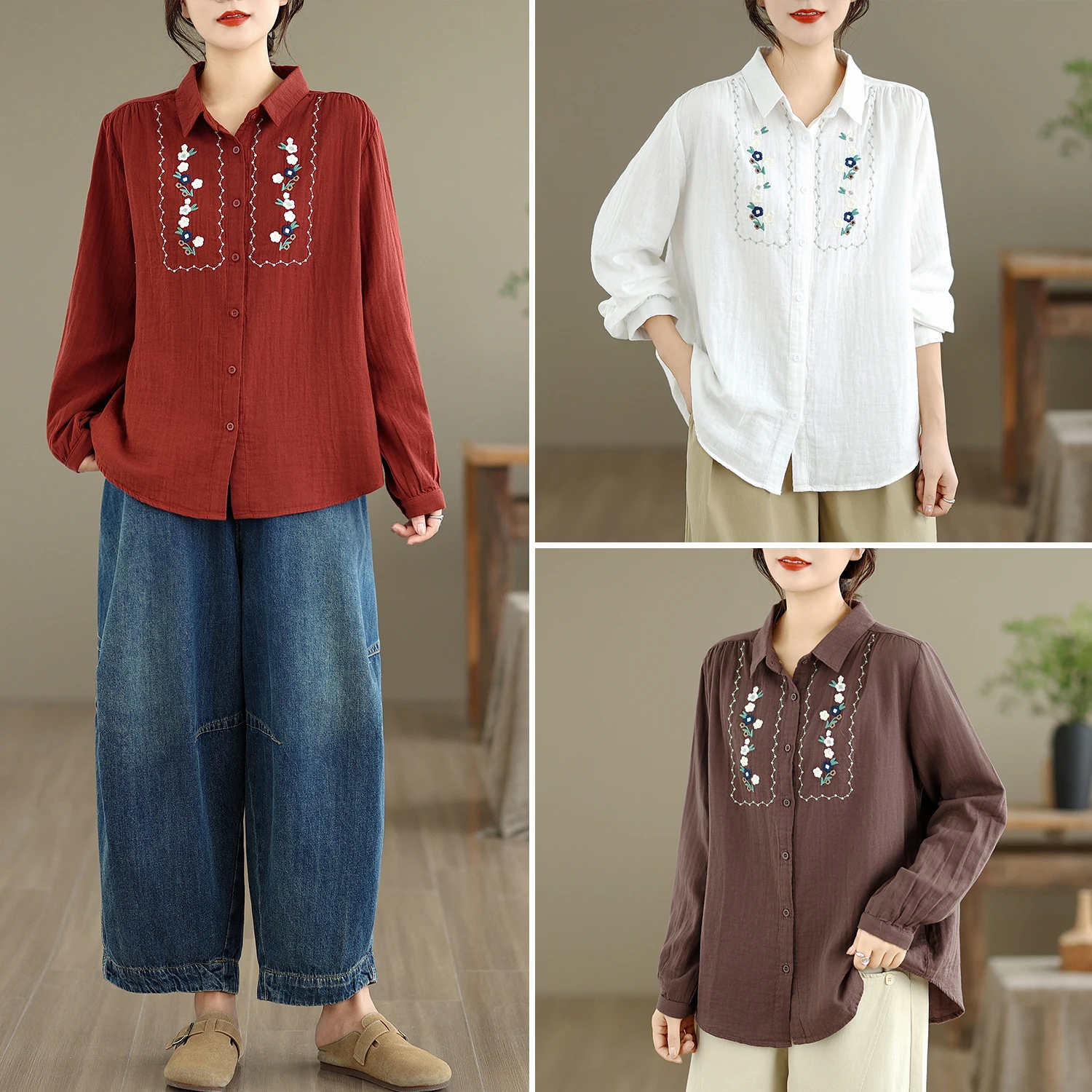 Damska długa koszulka z bawełny, miękka, przyjazna dla skóry, luźna, bazowa bluzka, jesienna moda, kwiatowy haft, uniwersalna, poliester...