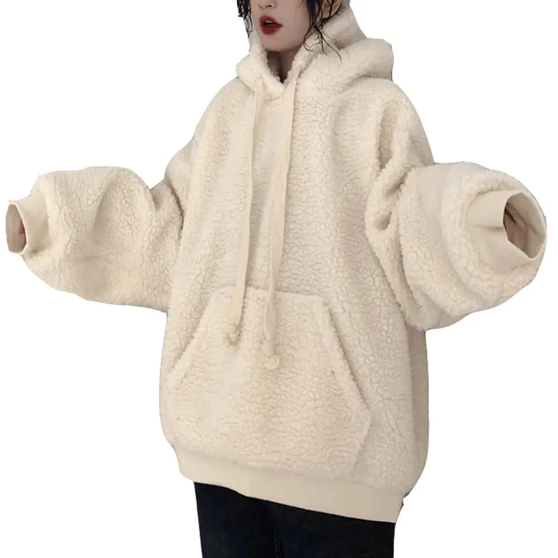 2024 Winter Lamb Plush Warm Jackets Kawaii Bear Embroidery White Plus Velvet Coats Y2k Korean Casual Loose Women Hoodie Brown