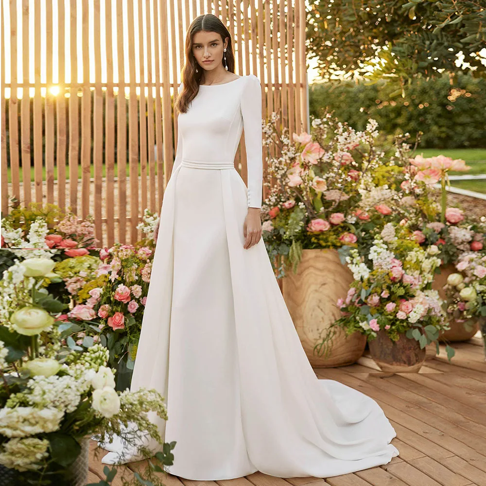 Ivory Boat Neck Wedding Dresses for Women Detachable Train Mermaid Backless Wedding Gowns Long  Simple Bridal Dress