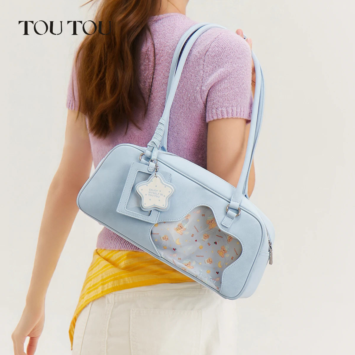 toutou PU Leather Women's Light Blue Bowling Bag, Boston Bag, Shoulder Bag, Ita Bag with DIY Photo Pocket, Women Purse