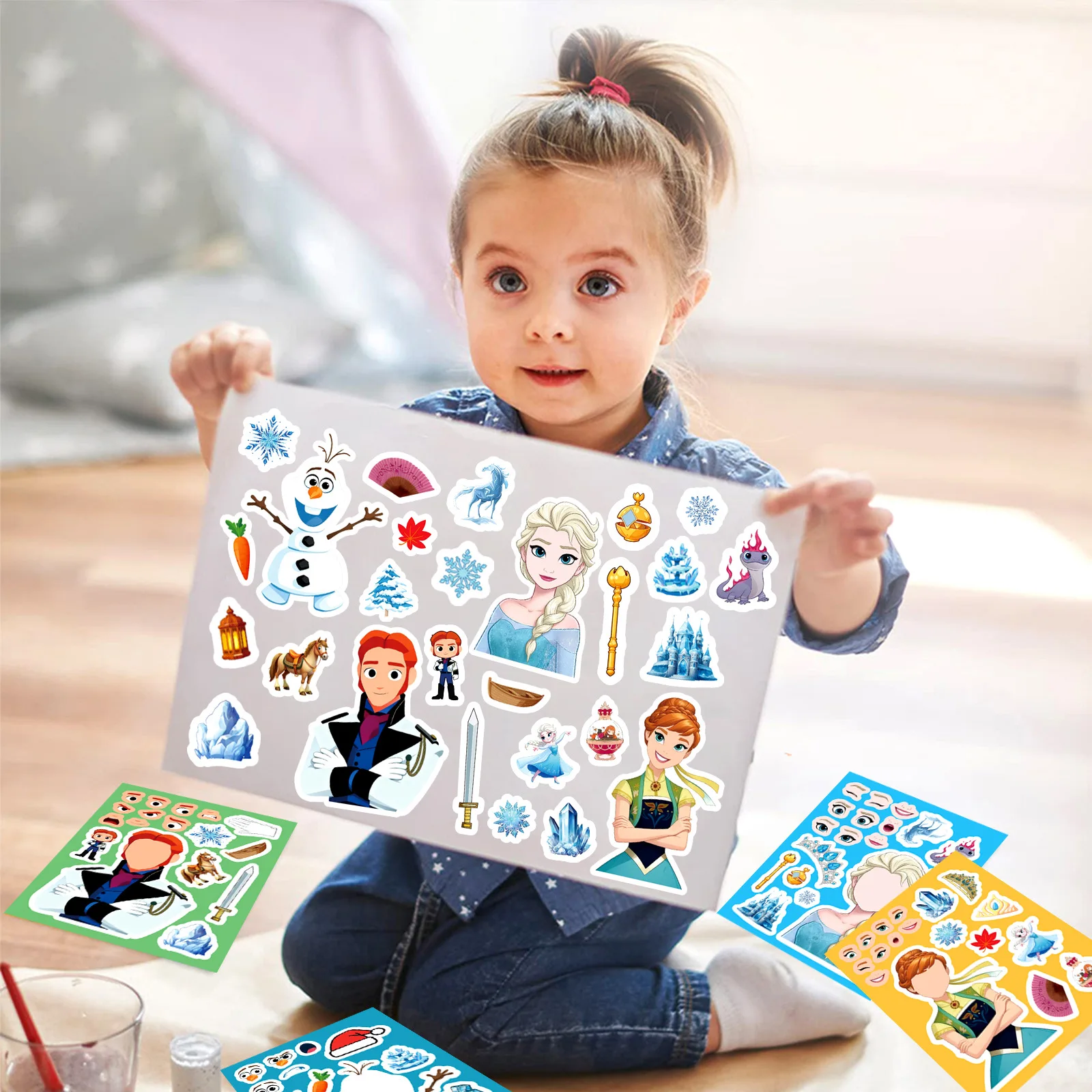8/16 Lenzuola Nuovo Frozen Disney Movie Make a Face Puzzle Adesivo Divertente Animazione Decalcomania Del Fumetto FAI DA TE Bagagli Telefono Chitarra Giocattoli Per Bambini