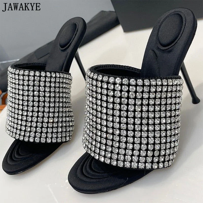 

Summer Ladies Rhinestone High Heel Slippers Women Open Toe Crystal Thin High Heel Shoes Designer Brand Formal Slippers Women