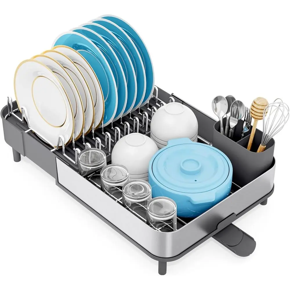 

Dish Drying Rack, 304 StainlSteel Dish Drainer with Removable Utensil Holder & Drain Board, Rustproo Space-Saving Dish Rack or K