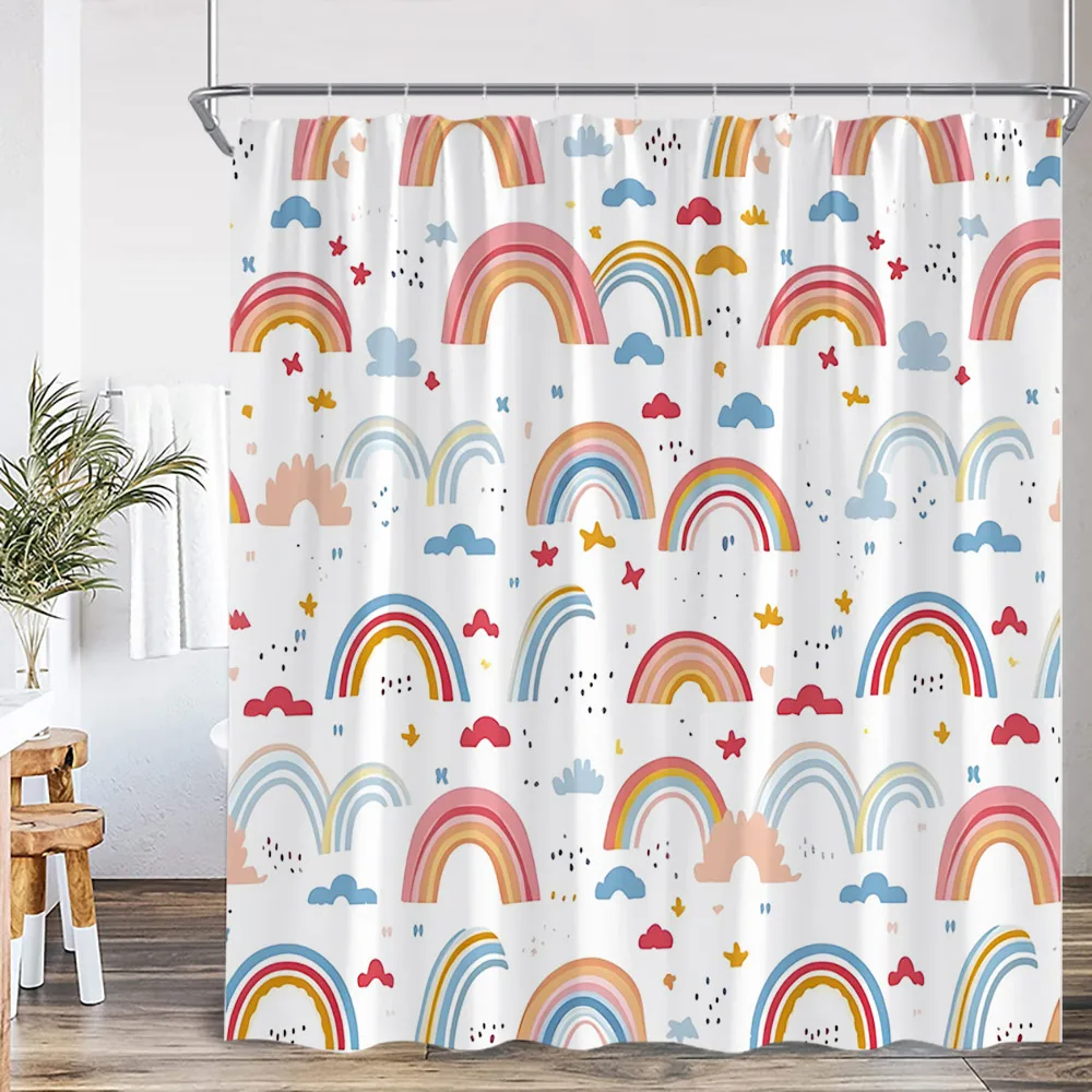 Cartoon Rainbow Kids Bathroom Shower Curtain Hand-painted Cute Pattern Children Bathtub Decor Children Polyester Bath Curtain