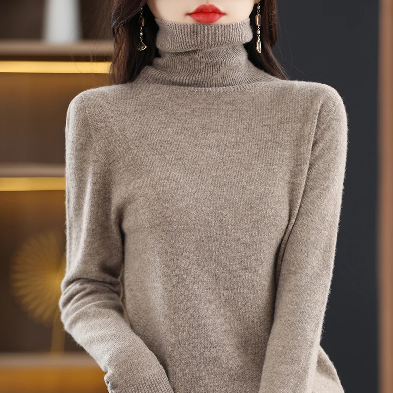 Seamless Cashmere Sweater Women's High Lapel Knitting 100% Merino Wool Pullover Autumn and Winter Slim Fashion Warm Sweater Tops