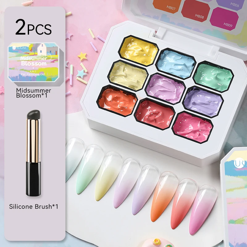 

UR SUGAR 2Pcs Nail Patting Gel with Brush Set 9 Colors Pat Painting Gel Long Lasting Nail Blush Stamping Solid Gel Palette Desig