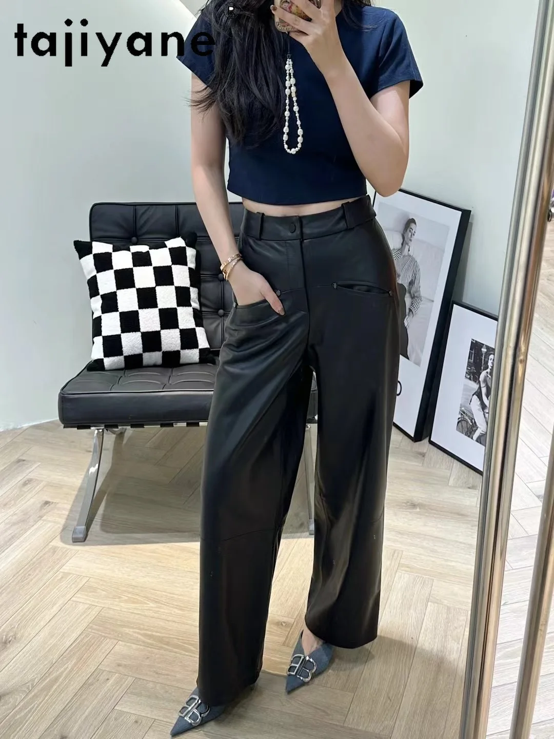 TAJIYANE 100% Top-grain Sheepskin Women Pants Full Vegetable-Tanned Genuine Leather Straight-leg Pants Woman Autumn Clothes