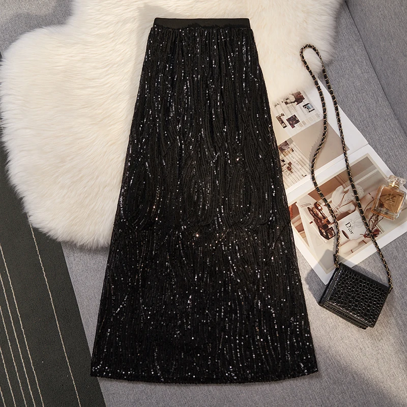 High Waisted Sequins Beading Long Skirt Womens 2023 Summer Stretchy Straight Stylish Fashion Chic Ladies Skirts 2023