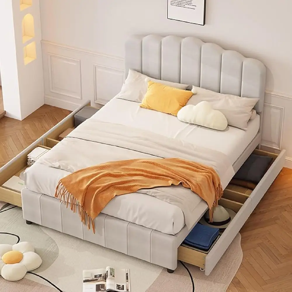 إطار سرير بمنصة كاملة الحجم للرجال مع 4 أدراج تخزين، بيج، دعامة خشبية، 76 لتر × 53.9 وات × 43.7 ارتفاع
