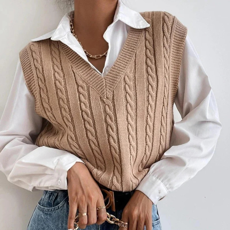 

Autumn Winter Women Vest Sleeveless V-neck Knitted Sweater Crochet 2024 Casual Khaki Thick Pullovers Tanks Y2k Top Sweater Vest