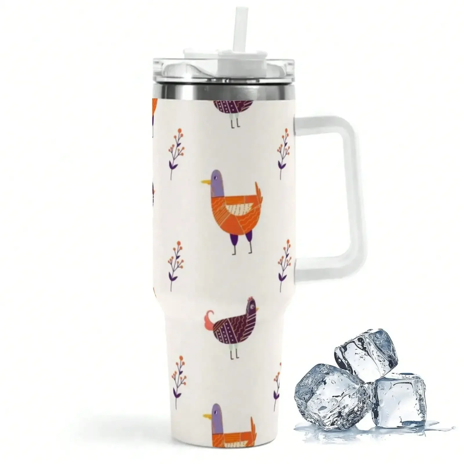 40oz Cute Abstract Bird Floral Print Insulated Stainless Steel Travel Tumbler With White Handle Large Thermal Cup For Women Office Daily Drinking
