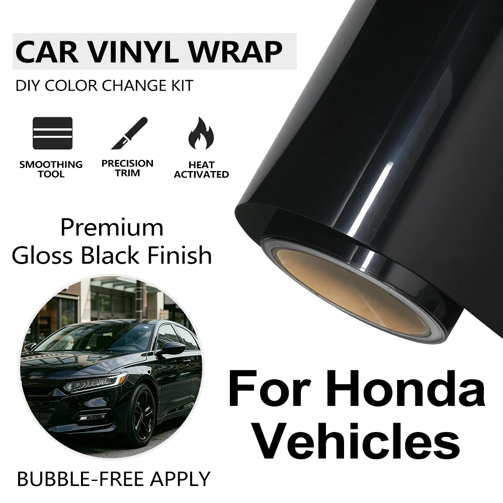 

Premium Glossy Black Vinyl Wrap for Honda Civic CR-V HRV Accord Pilot Passport Bubble-Free DIY Car Color Change Decal Wrapping
