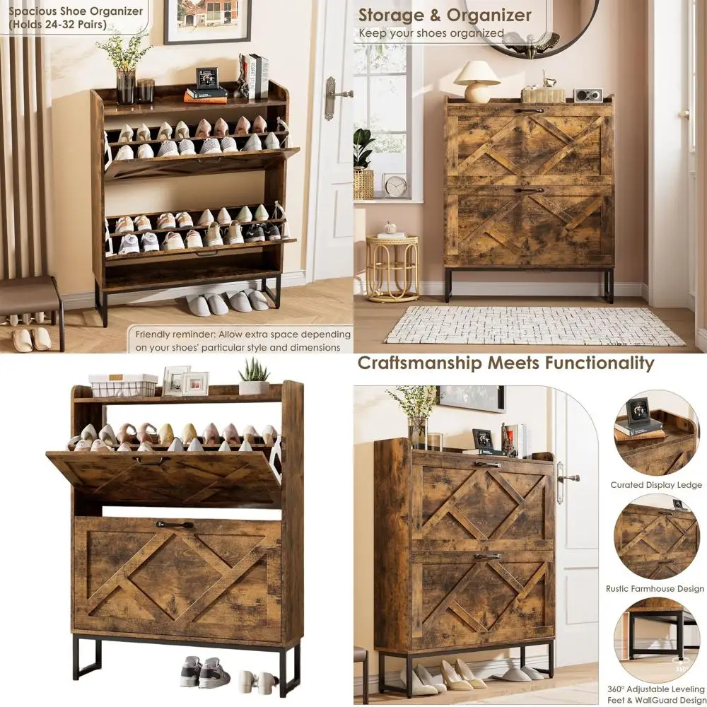 

Narrow Standing Shoe Rack with Metal Legs, Rustic Brown for Entryway, Hallway Storage