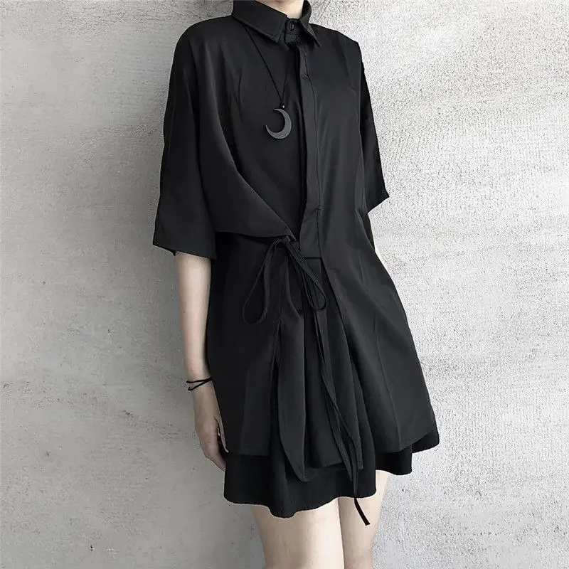 

Harajuku черные готические эмо нерегулярные блузки Kpop женские японские летние рубашки негабаритные топы Y2k повязки повседневная модная блузка