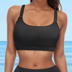 Bikini de cobertura completa, traje de baño de Color negro liso con realce, Top corto sin costuras, ropa de playa, 2024