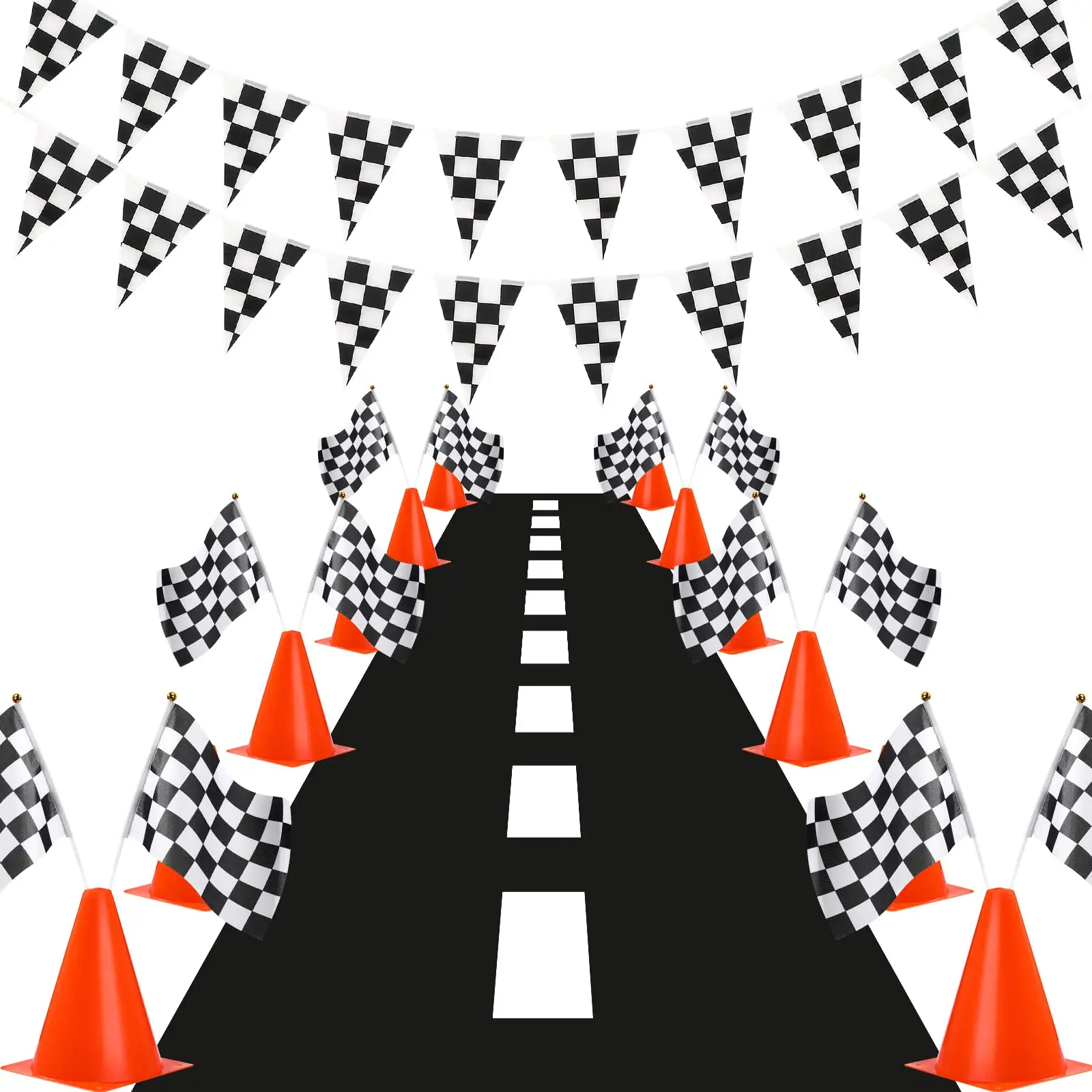 Race Car Theme Party Supplies Traffic Cone with Black White Checkered Flag Orange Red Traffic Cone Kit Car Birthday Decoration