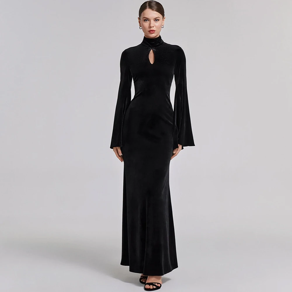 

Mermaid Black Velvet Customized Evening Dresses High Collar Long Sleeves Homecoming Dresses Zipper Back Formal Occasion Gowns