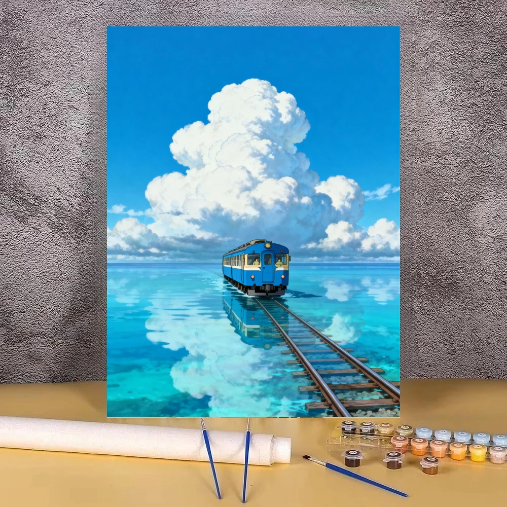 Train Water Track Cumulus Clouds Anime Style Landscape Oil Painting By Numbers Wall Decor for Living Room Bedroom Gift No Frame