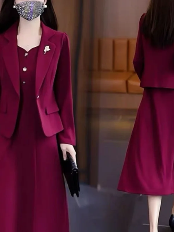 Women's Suit Coat Set Dress Thin Long Sleeve Two-Piece Set Spring Autumn High Waist A-Line Skirt Korean Style Commute Fashion