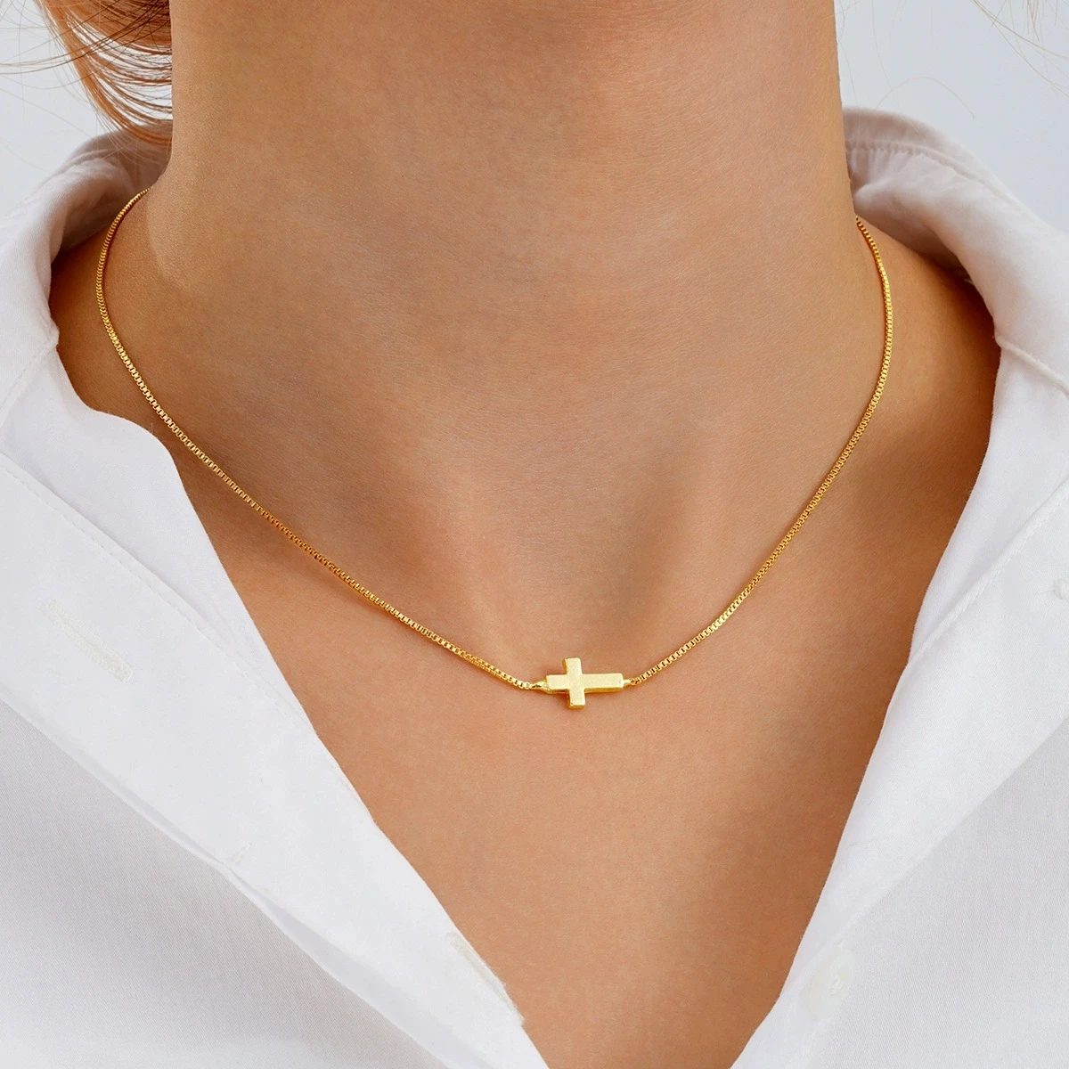 Edelstahl-Kreuz-Anhänger-Halskette für Damen, modisch, niedlich, goldfarben, Kette, Halskette, Glaube, religiöser minimalistischer Schmuck
