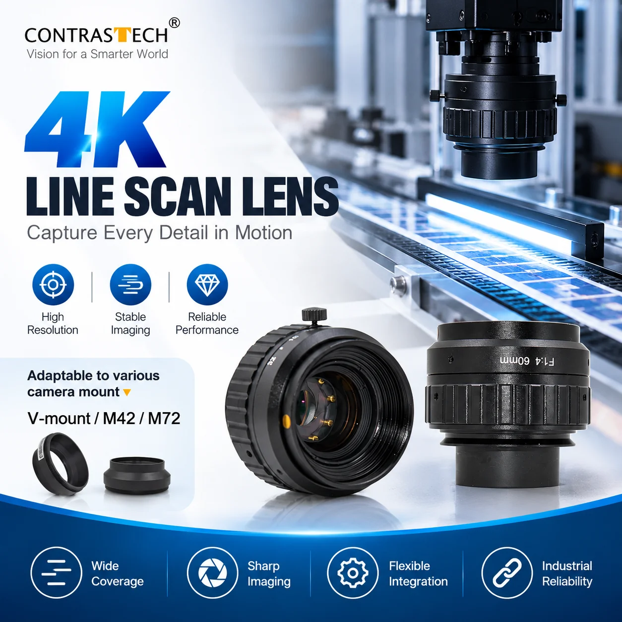 Line Scan Camera Lens Ø30 4K 7μ 20mm 35mm 40mm Mag. 0.03-0.177x M58 M42 for FPD / PCB Inspection Contrastech