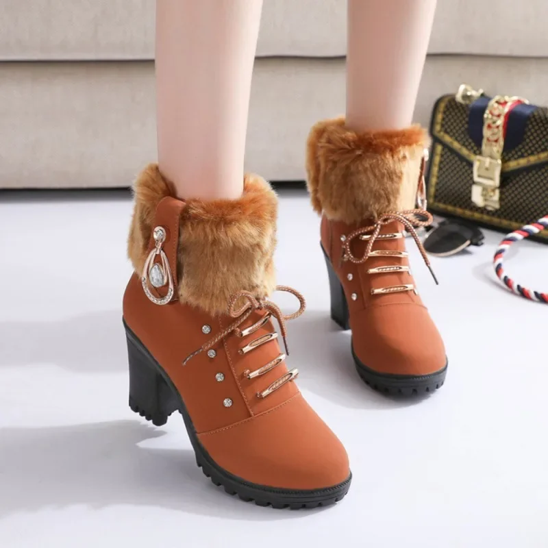 Stivaletti da donna 2024 Luxury strass Brand Design morbido peluche fondo spesso stivaletti Casual Lace Up Winter Warm Botas Mujer