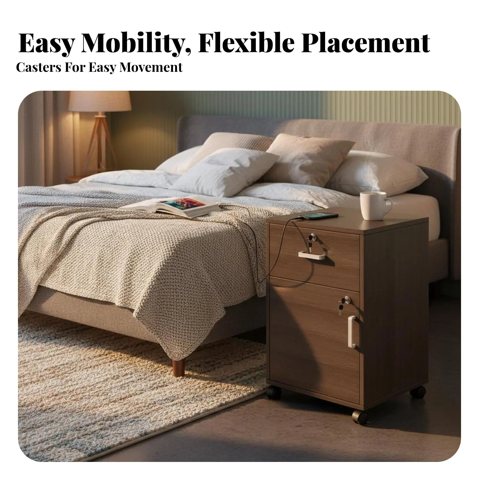 ロック付き2段引き出しエンドテーブル、省スペースロック式収納キャビネット、オープンシェルフ、隠しコンパートメント、住宅所有者、寮の部屋用