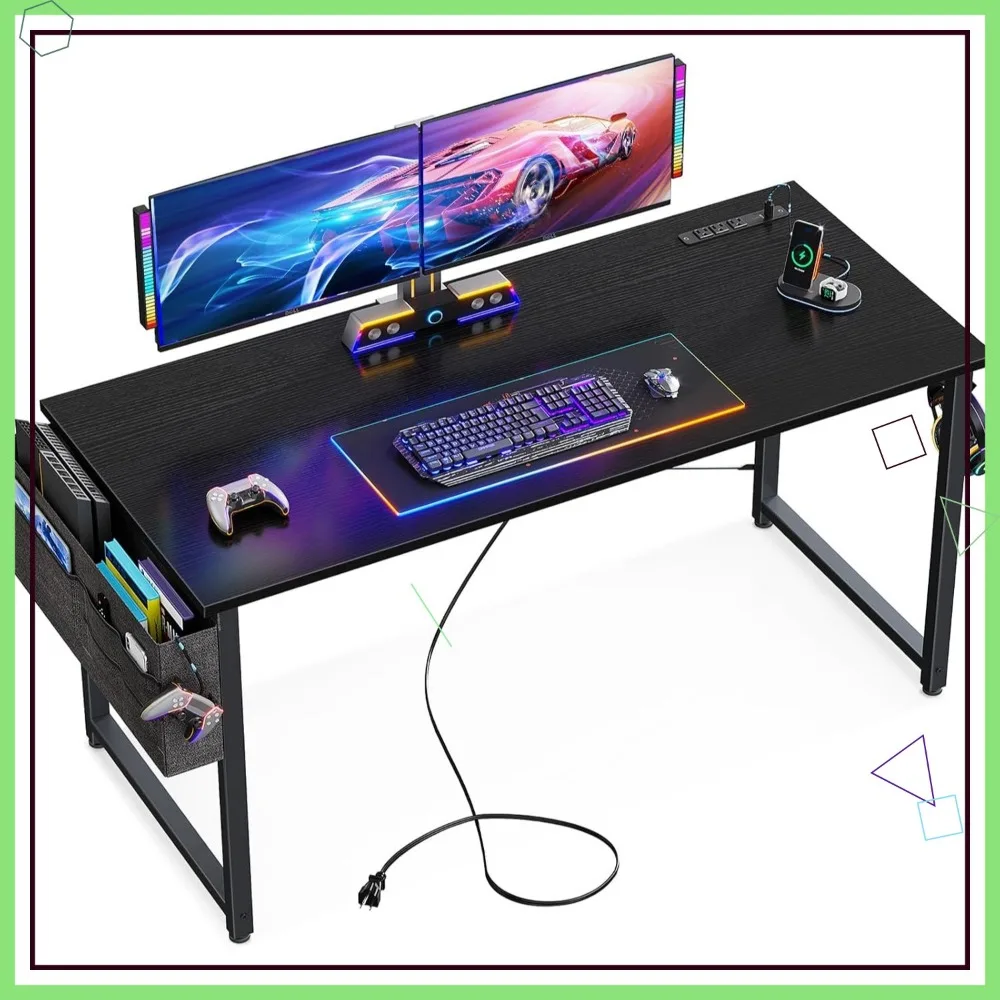 

48-дюймовый небольшой стол с розетками и USB-портами, современный игровой стол для домашнего офиса с сумкой для хранения и крючком для наушников, черный