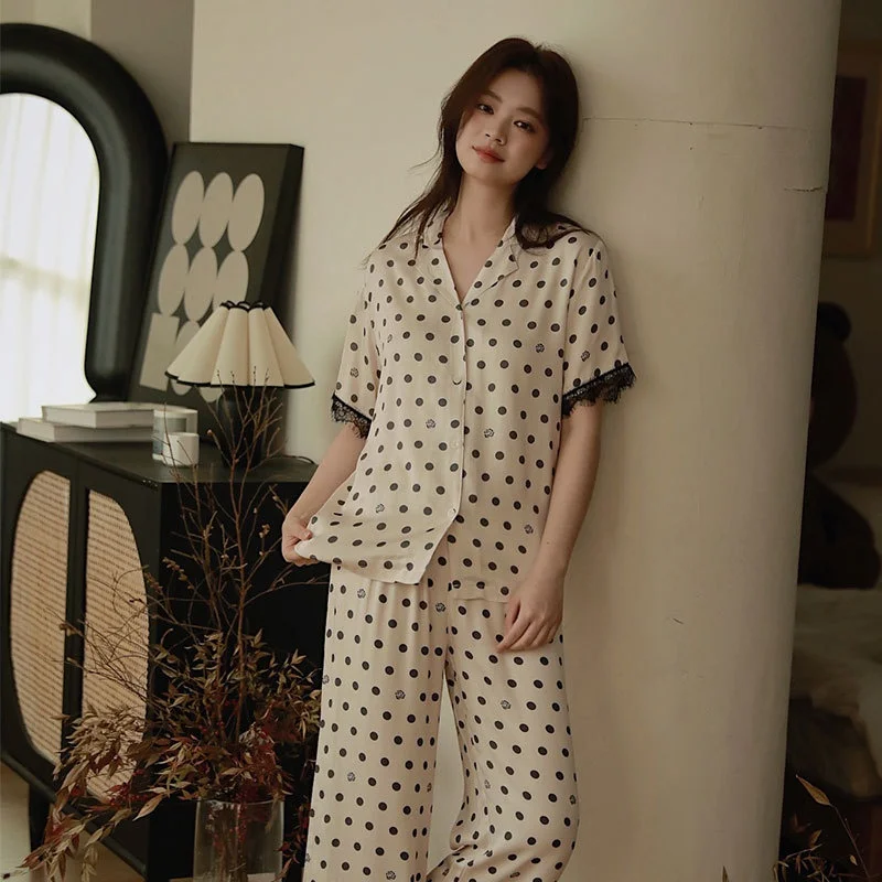 

Women Summer Short Sleeves 100% Viscose Sleepwear Turn-Down Collar Cardigan Two-Pieces Pajamas Loose Long Pants Dot Print PYJS