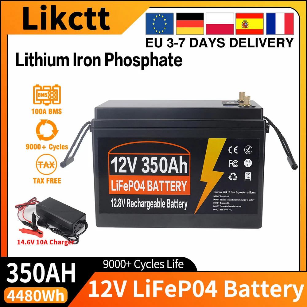 12V 24V 100AH 150AH 200AH 300AH 350AH LiFePO4 Lithium-Eisenphosphat-Batterie mit integriertem BMS für Wohnmobile, Golfcarts, Solarstromspeicher, EU-Lagerbestand, steuerfrei