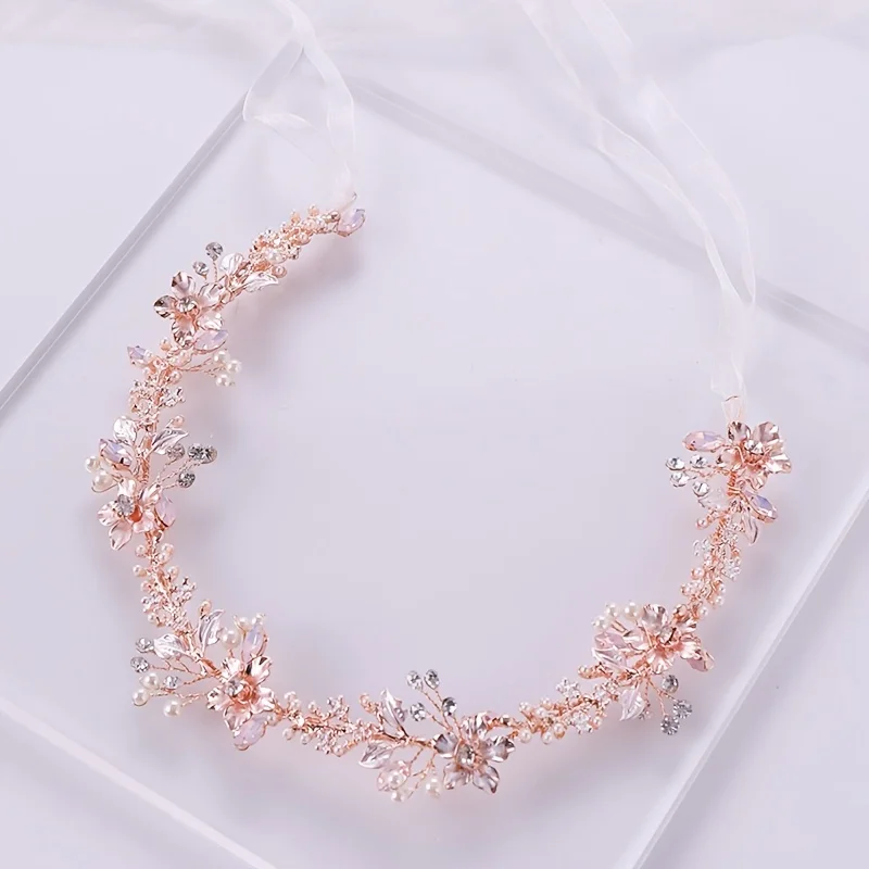 Rose Gold Flower Headband Wedding Accessories Pearl Rhinestone Hairband Tiara Headband For Bride Ornament Hair Jewelry Headband