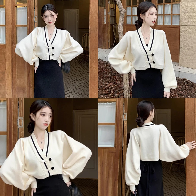 Women\'s Sweater Korean Version V Neck Contrast Colors Loose Sweet  Gentle Chinese Style Short Sweater Cardigan