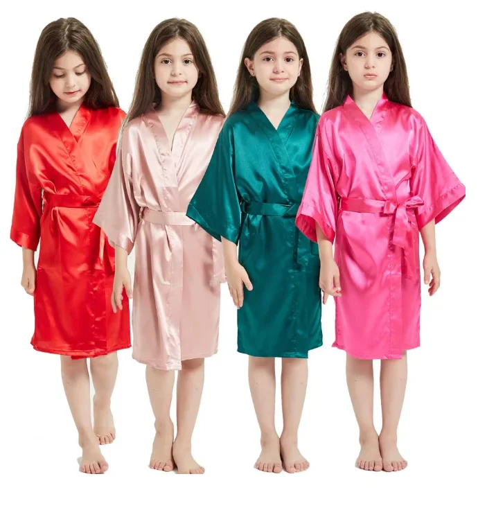 

3-13Y Boy Girl Bathrobe Pink Satin Silk Kids Robes Summer Sleepwear Children's Kimono Bath Towel Robe Wedding Spa Party Birthday