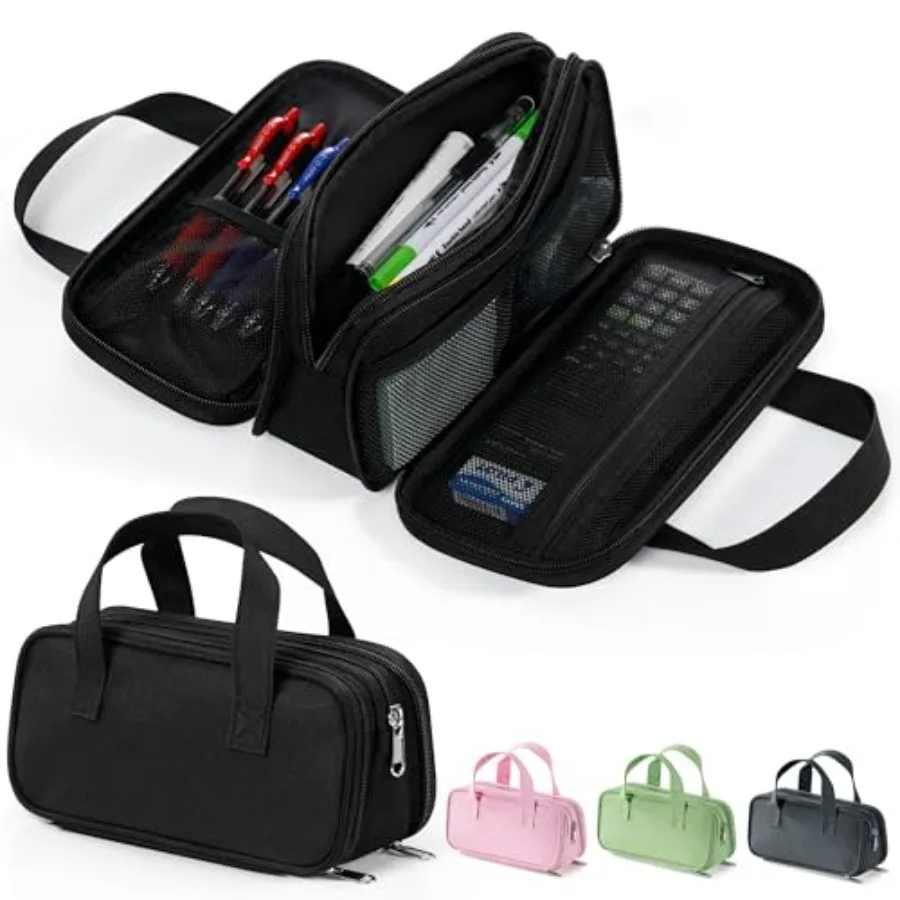 

Large Pencil Case, Big Capacity Pencil Pouch Pen Bag with 3 Compartment, Portable Canvas Stationery Organizer with Zipper, Cute