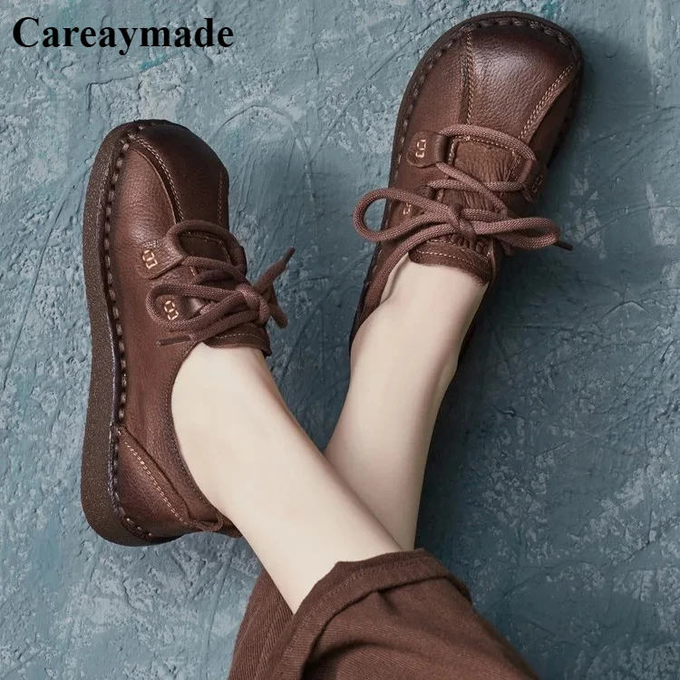 

Careaymade-Genuine Leather wider toe women's shoes,ethnic cowhide lace up flat shoes,soft soled Casual women's shoes size35-41