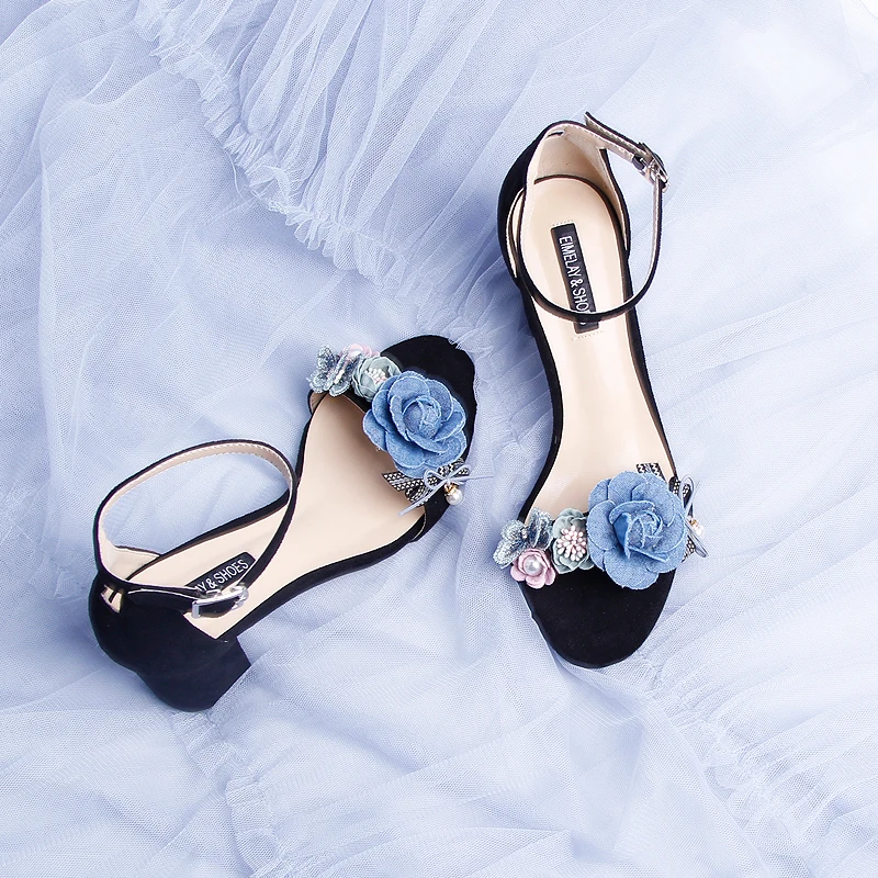 Black Suede Chunky Square Heel Sandals Blue Flower One-button Ankle Strap Female Summer Hollow Confortable Daily Wear Pumps