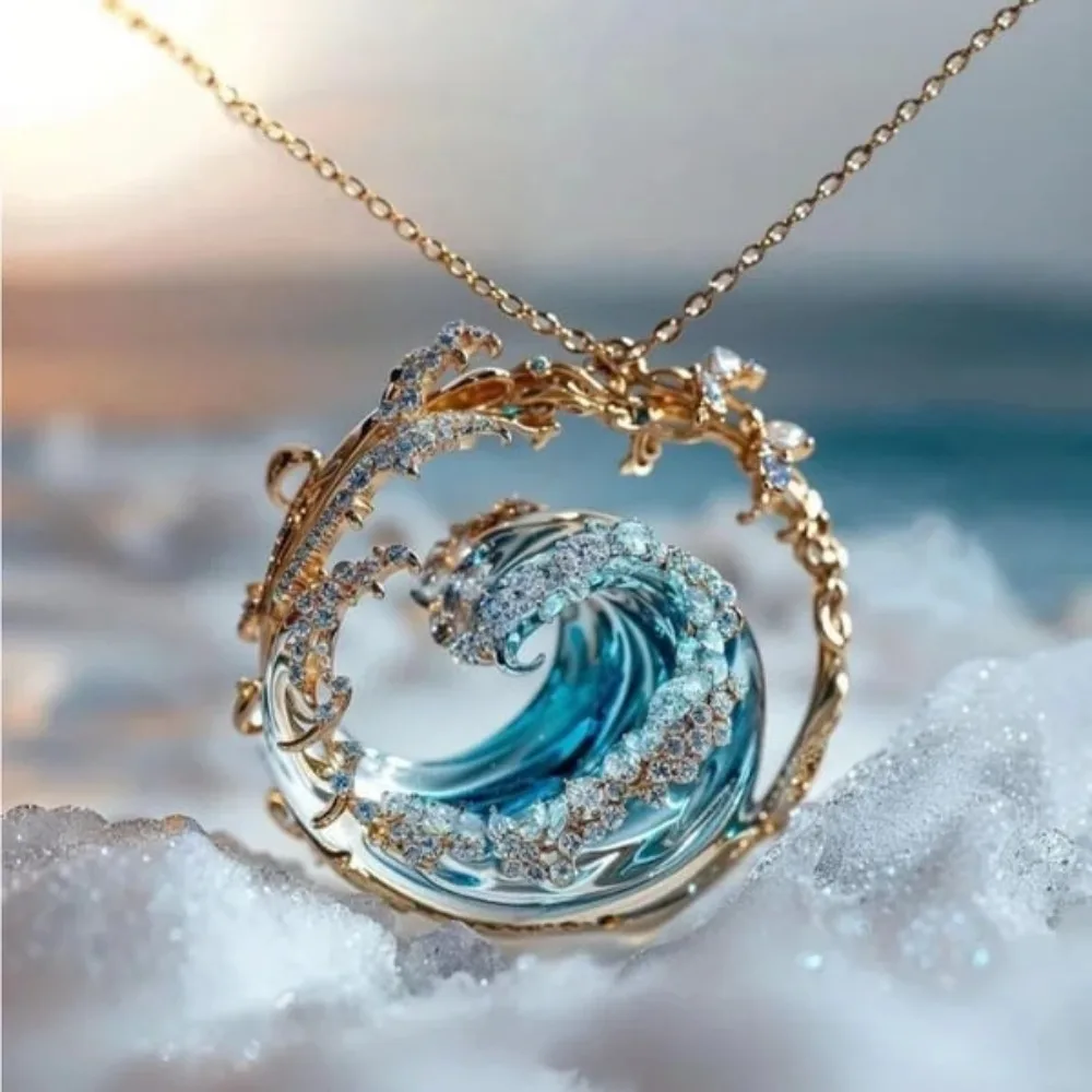 High Quality Resin Crafts Creative Rings Sky Blue Earrings Wave Pendant Necklaces Blue Necklace Holiday Gifts